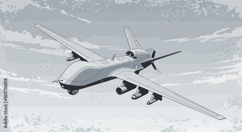 Modern rendition of unmanned military aircraft soaring through textured skies