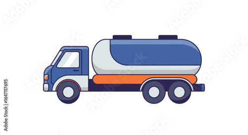 Stylized blue tank truck conveying fluids with orange accents isolated on white