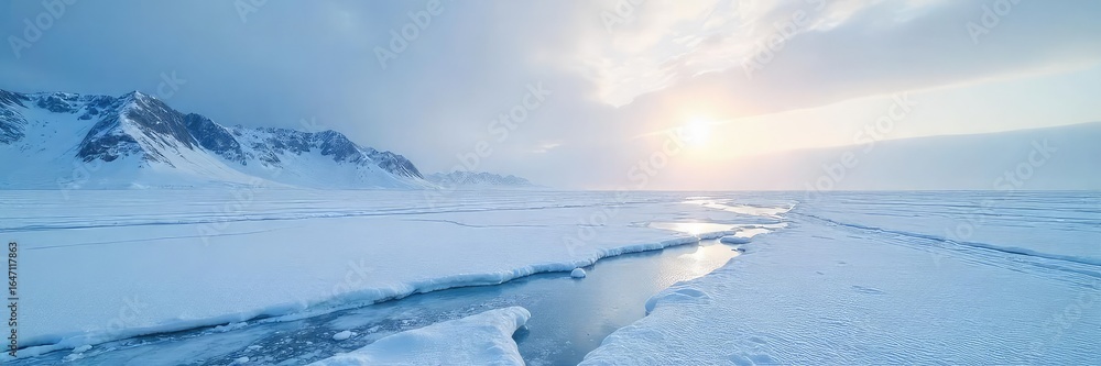 Fototapeta premium A stark, icy landscape stretches to a frozen horizon under a pale, winter sun Perfect for themes of isolation, coldness, and the harsh beauty of nature's extremes , cold, desolate