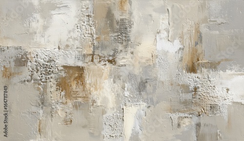 Abstract art, muted tones.  Textural, layered canvas with various shades of beige, cream, and gray.  Geometric shapes,  impasto style