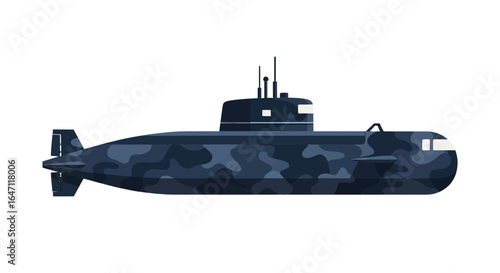 Stylized illustration of a submarine with camouflage pattern on white backdrop