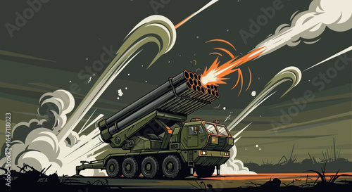 Stylized illustration of a multi-launch rocket system firing in a conflict zone