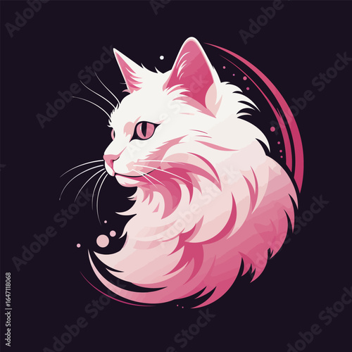 A white cat with long, fluffy fur and striking pink eyes gazes directly at the camera. Its whiskers are prominently displayed, and its ears are slightly perked up. The cats pink nose contrasts beautif