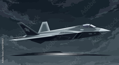 Vector illustration of a military jet flying over a dark, moody landscape