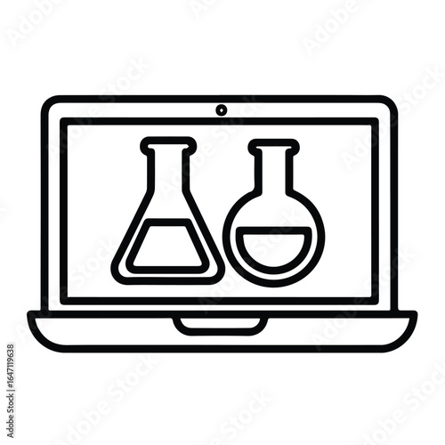 Laptop computer screen displaying chemistry flasks isolated on white background