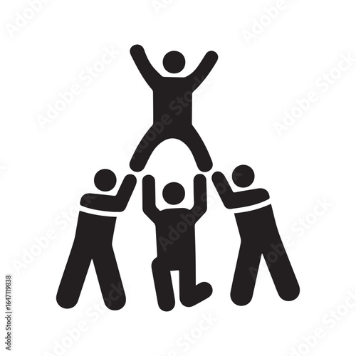 Teamwork icon of people forming a human pyramid to lift a person to success. Symbol of support, collaboration, and achievement.
