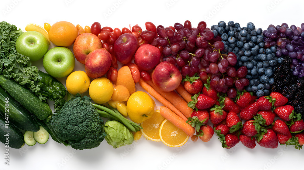 Colorful and Fresh Fruits and Vegetables Displayed in a Row for Healthy Eating Concept Colorful and Fresh Fruits and Vegetables Displayed in a Row for Healthy Eating Concept