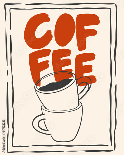 Hand drawn chalk coffee poster. Minimalist line art. Vector illustration of coffee icons crayon drawing style for invitations, menus design, social media. La dolce vita.