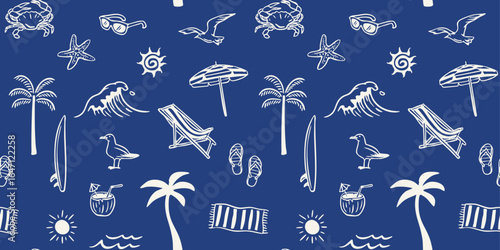 Seamless vector beach pattern with hand-drawn summer drawings. Palm trees, waves, umbrellas, crabs, starfish, seagulls, surfboards, flip-flops, and cocktails on a navy blue background.