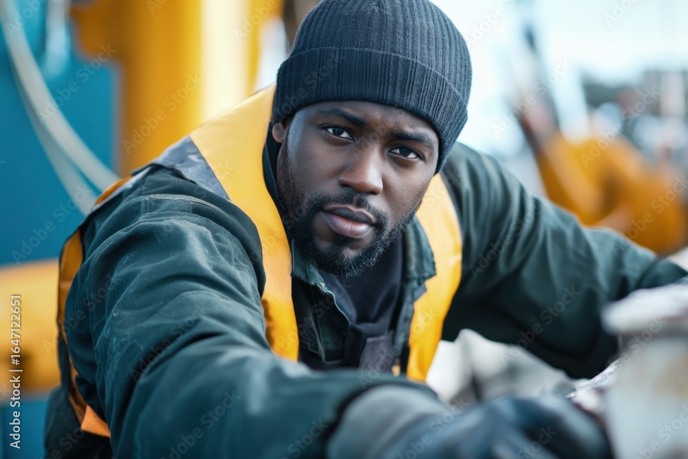 Fototapeta premium Focused Black male sailor performing maintenance with skill and diligence on deck