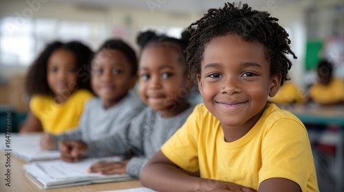 A group of happy children in a classroom, wearing yellow and gray shirts, engaged in learning activities. The atmosphere is cheerful and focused.