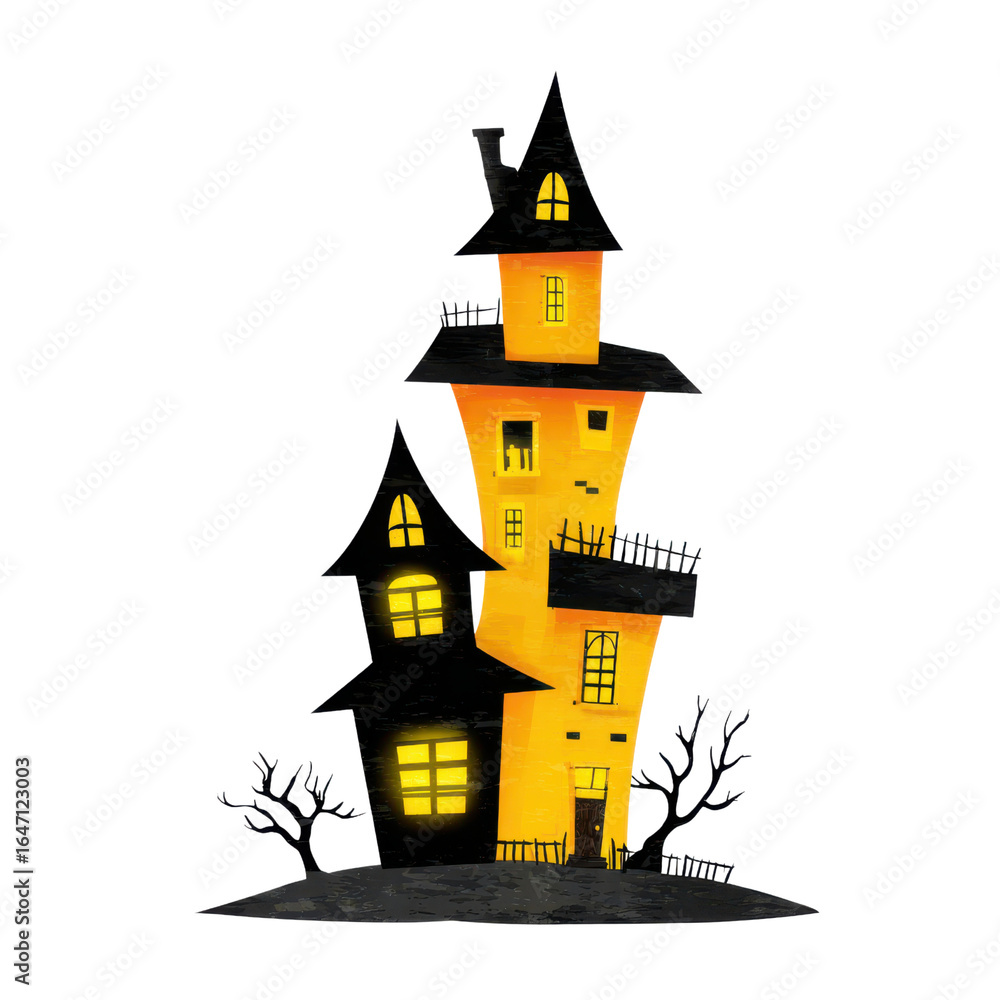 Obraz premium Haunted house with glowing windows and crooked towers creates spooky atmosphere perfect for Halloween night