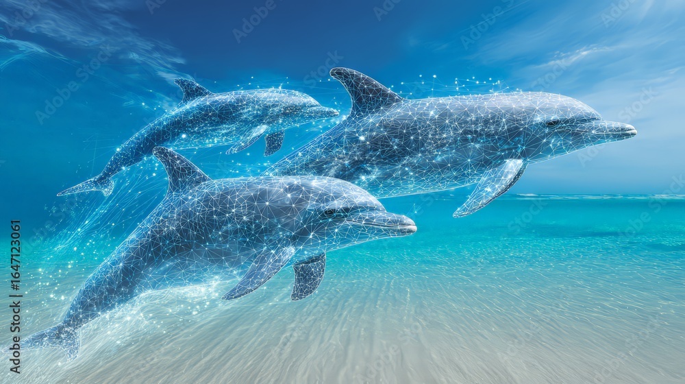 Fototapeta premium Three dolphins gracefully leap through sparkling ocean waves under a clear blue sky.