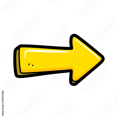 A bright yellow, hand-drawn cartoon arrow pointing right, a fun sticker icon, isolated on a transparent background.