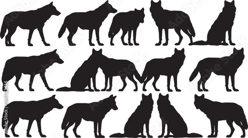 Black wolf silhouettes in various poses wolves animal