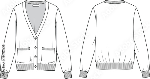 Cardigan sweater fashion flat sketch, front and back view, apparel design template for clothing illustration