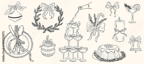 Hand drawn chalk vintage new year set. Whimsical Christmas party. Retro vintage breakfast and dinner meals in crayon style for menus and invitations. La dolce vita  vector illustration.