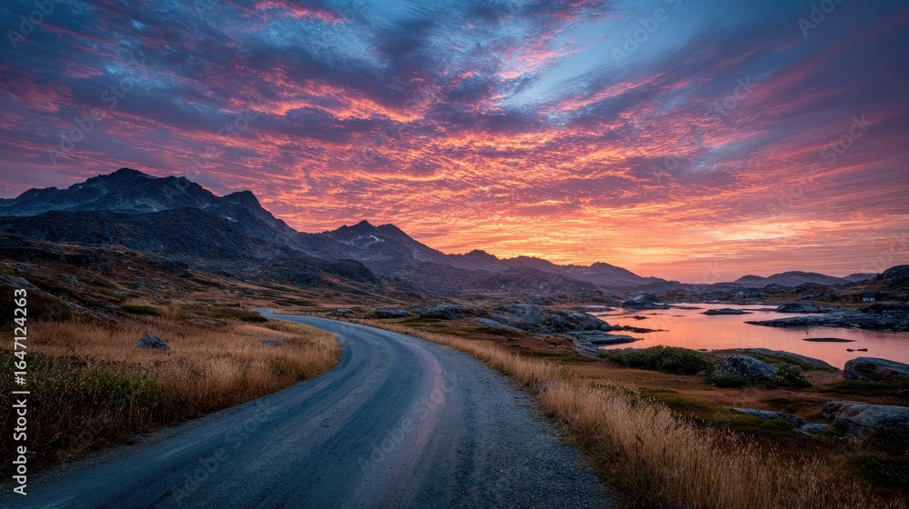 Fototapeta premium Winding road at dawn, dramatic sky, mountains, lake
