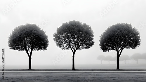 Wallpaper Mural Three Silhouetted Trees Standing in Foggy Landscape Evoking a Sense of Tranquility and Serenity Torontodigital.ca