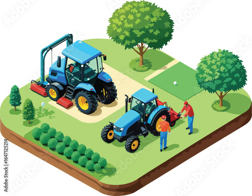 isometric of tractors in golf field construction