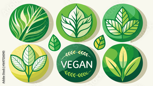 Vegan round icons set, featuring graceful leaf motifs, minimal curves, and natural green tones, symbolizing freshness, purity, and conscious living, ideal for eco-friendly packaging and organic café r
