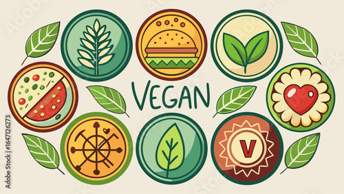 Vegan round icons set, featuring graceful leaf motifs, minimal curves, and natural green tones, symbolizing freshness, purity, and conscious living, ideal for eco-friendly packaging and organic café r