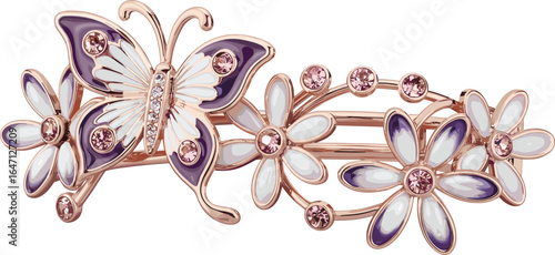 Butterfly floral hair barrette, elegant pink and purple hair clip, jeweled accessory, enamel design, romantic hair ornament