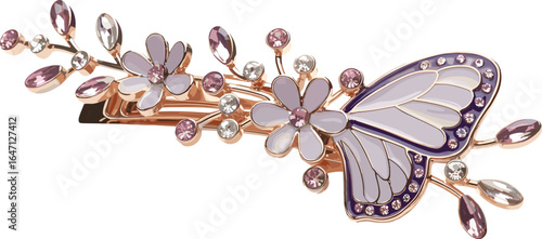 Butterfly floral hair barrette, elegant pink and purple hair clip, jeweled accessory, enamel design, romantic hair ornament