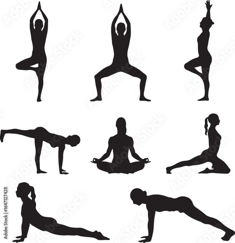 Diverse yoga poses silhouettes fitness exercise