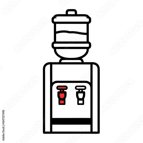 Line art illustration of a water cooler with red and white taps