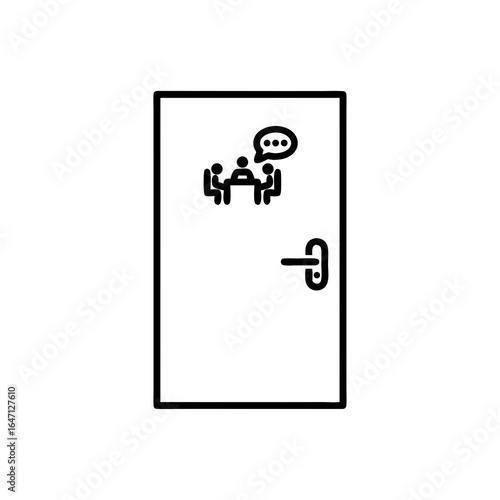 Simple line drawing of people talking through a door