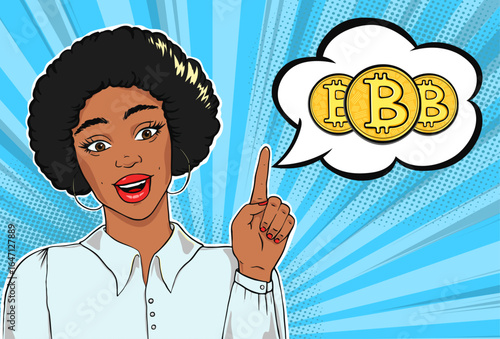 African american business woman thinking of buying cryptocurrency, building crypto portfolio vector illustration in pop art comic style concept