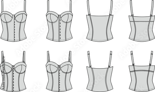 Women’s corset top fashion flat sketch, front and back view, lingerie design template for clothing illustration