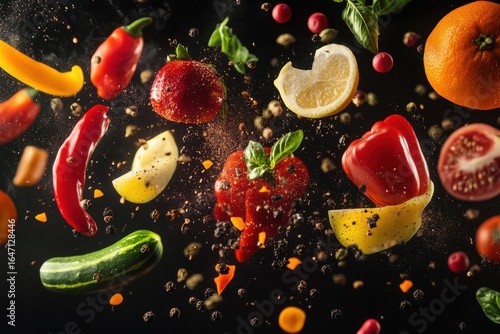 Assorted fruits and vegetables in the air