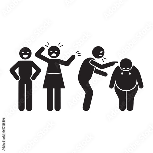 Bullying icon showing people laughing and pointing at a sad, overweight man. Symbol of body shaming, fat shaming, and social cruelty.
