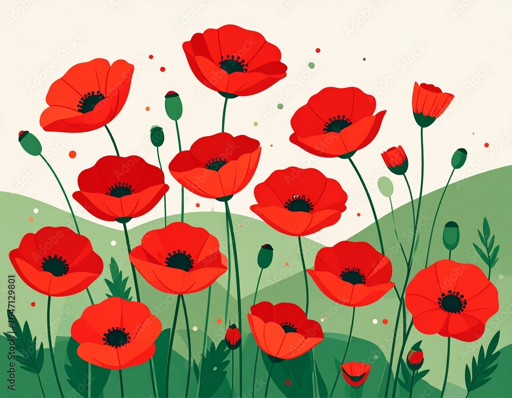 Obraz premium Vibrant red poppies bloom in a stylized grassy field.
