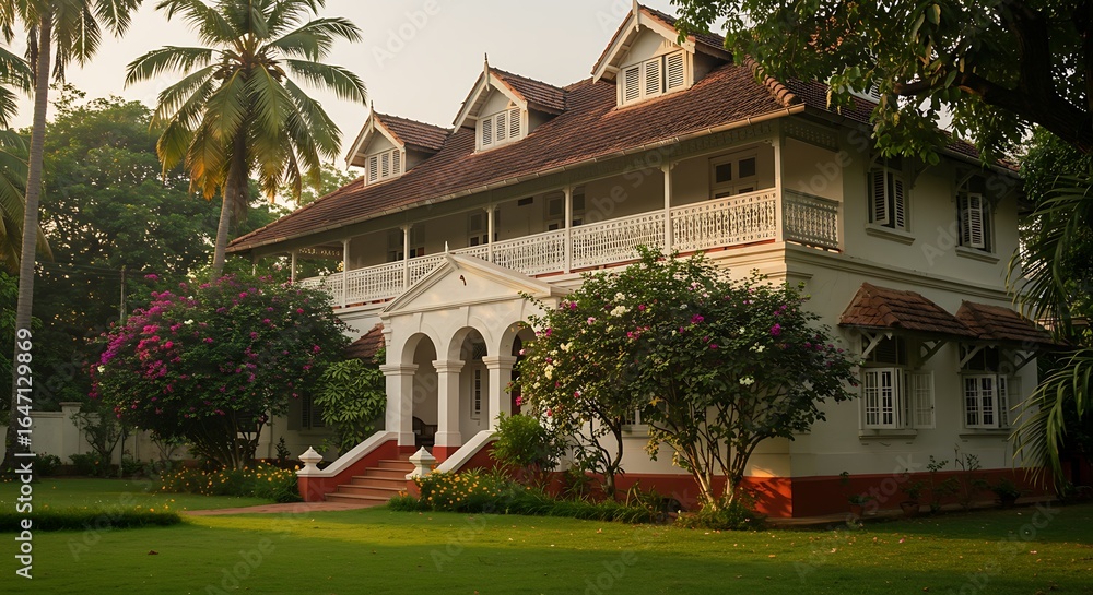 Fototapeta premium Colonial villa with lush landscaping in India showcasing modern elegance