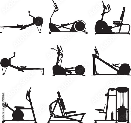 Exercise machines silhouettes elliptical trainer rowing machine