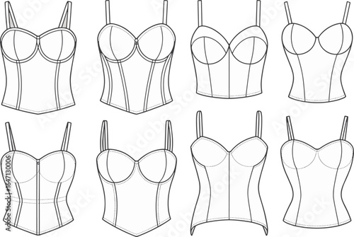 Women’s corset top fashion flat sketch, lingerie design template, bustier apparel illustration, front and back view