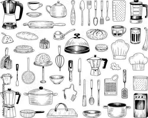 Hand-drawn kitchen sketch, culinary tools illustration, vintage cookware art, black and white kitchen set, cooking utensils drawing