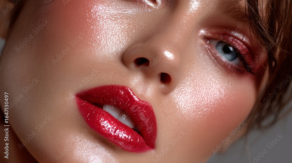 Naklejka premium Applying lipstick sideways closeup profile shot beauty studio makeup photography vibrant setting side view cosmetic art
