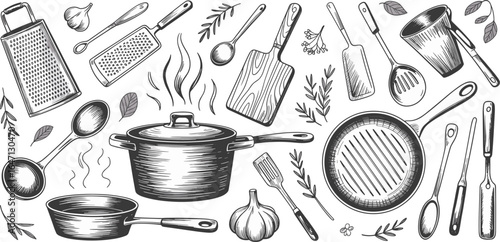 Hand-drawn kitchen utensils sketch, cooking tools illustration, black and white cookware drawing, vintage culinary art, rustic kitchen clipart