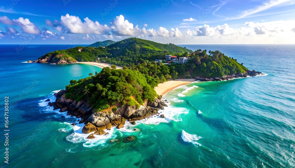 Fototapeta premium Aerial view of tropical island paradise with lush greenery and turquoise ocean