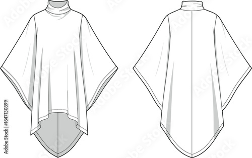Women’s poncho top flat sketch, front and back view, fashion illustration, loose fit clothing design template