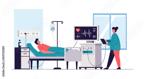 Patient receives intensive care monitoring in a modern hospital room