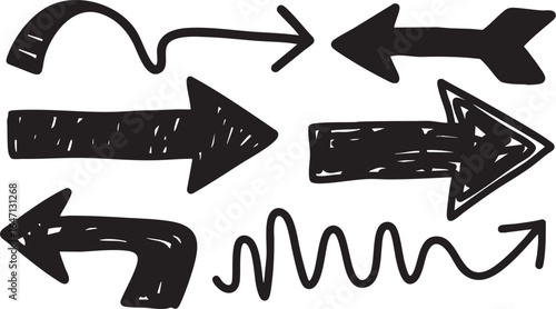 Set of black sketched arrows indicating different directions and movements, isolated on white background