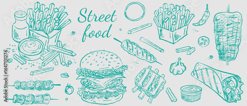 Fast food design with burger, doner kebab, french fries, roasted ribs in brush stroke texture isolated on white. Hand drawn vector sketch illustration in vintage charcoal ink. Menu design, web banner