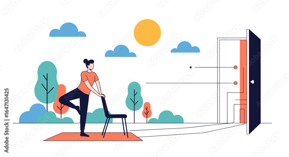 Naklejka premium Woman practicing ballet stretches outdoors near an open doorway