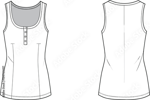 Women’s sleeveless henley tank top flat sketch, front and back view, fashion technical drawing illustration