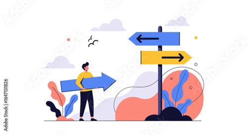 Man holding arrow at crossroads sign making a difficult decision
